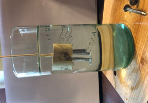 areometr wykonany przez uczennicę technikum analitycznego, składa się z korka do butelki, kilku gwoździ i drewnianego patyczka, areometr pływa w szklance z wodą