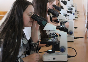 Uczennice klas ósmych podczas zajęć z mikroskopowania