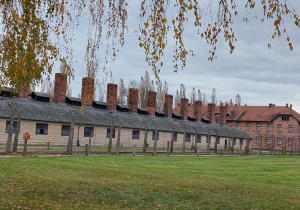Baraki więźniarskie z kominami na terenie byłego niemieckiego obozu Auschwiz